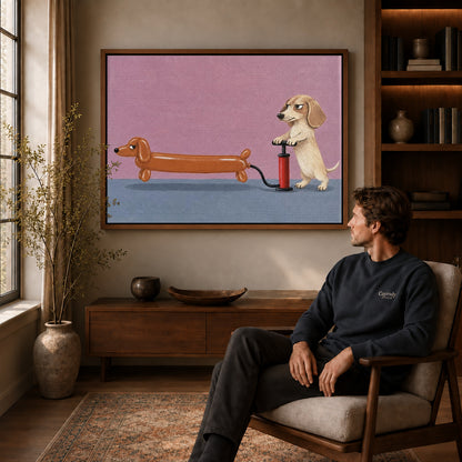 Funny Dog Canvas Art displayed in a walnut frame above wooden furniture beside a seated man.