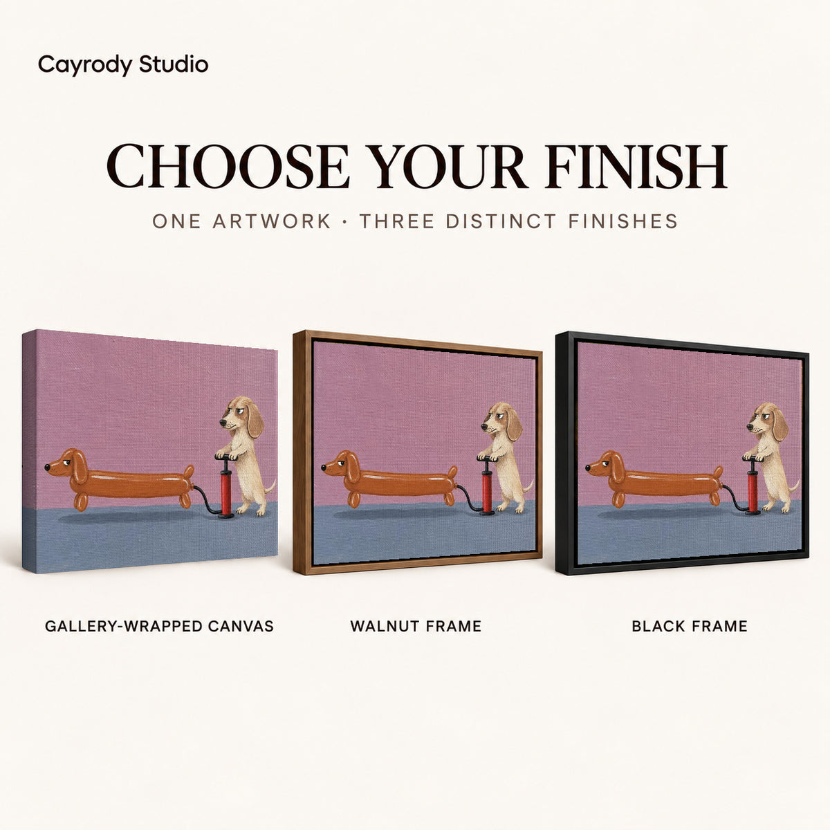 Funny Dog Canvas Art shown in gallery wrapped canvas, walnut frame, and black frame finishes.