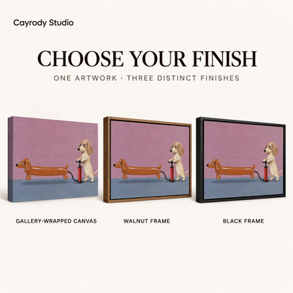 Funny Dog Canvas Art shown in gallery wrapped canvas, walnut frame, and black frame finishes.