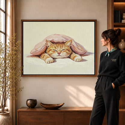 Sleeping Cat Canvas Art in a walnut frame beside a standing woman and warm wooden furniture.