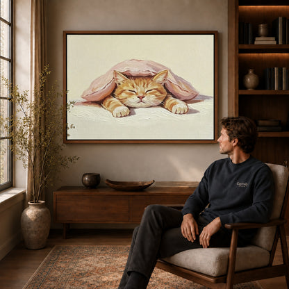 Sleeping Cat Canvas Art displayed in a walnut frame above wooden furniture beside a seated man.