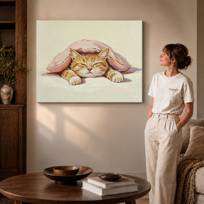 Sleeping Cat Canvas Art on gallery wrapped canvas with visible depth beside a woman in white.