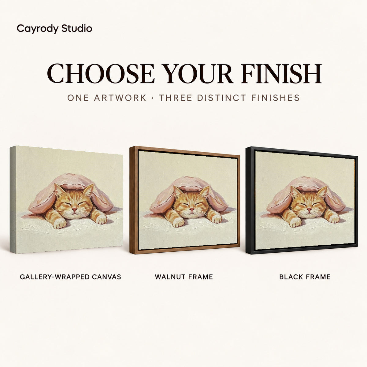 Sleeping Cat Canvas Art shown in gallery wrapped canvas, walnut frame, and black frame finishes.