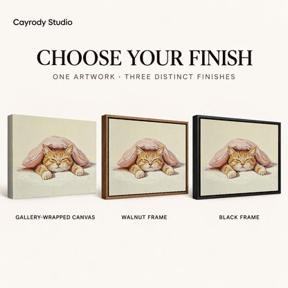 Sleeping Cat Canvas Art shown in gallery wrapped canvas, walnut frame, and black frame finishes.