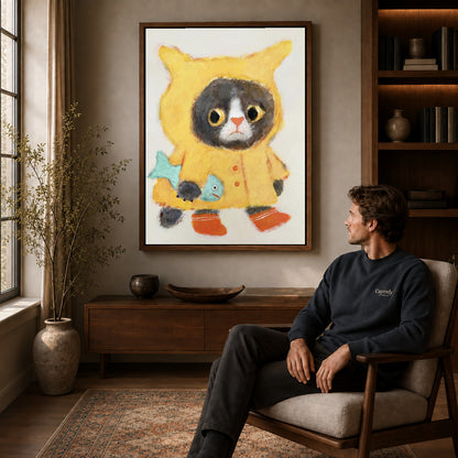 Raincoat Cat Canvas Art displayed in a walnut frame above wooden furniture beside a seated man.