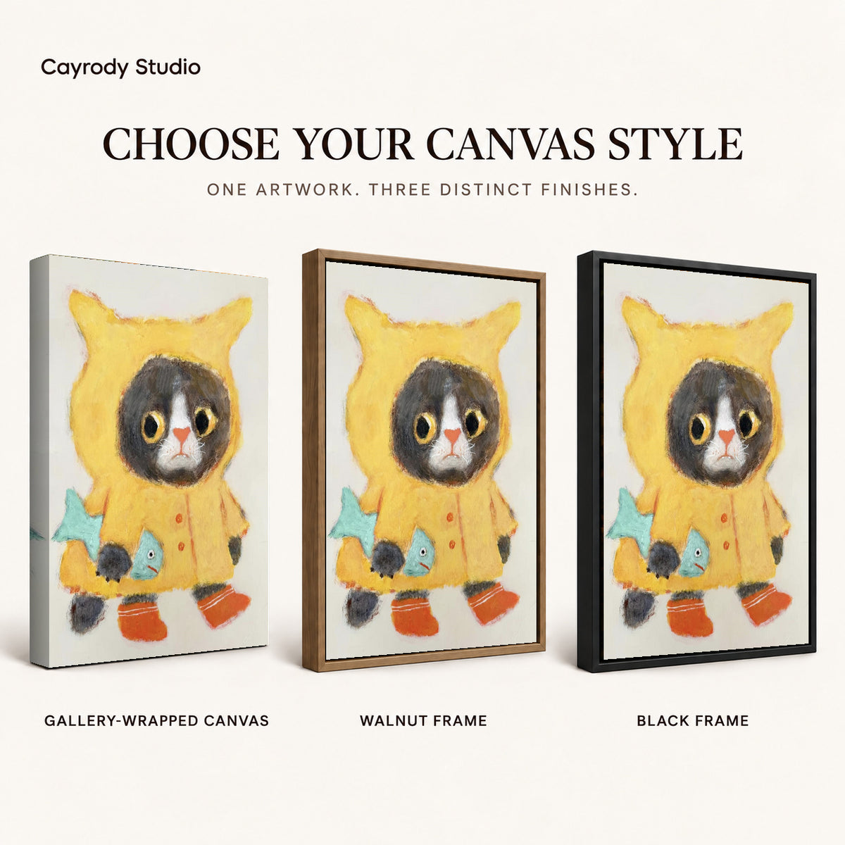 Raincoat Cat Canvas Art shown in gallery wrapped canvas, walnut frame, and black frame finishes.
