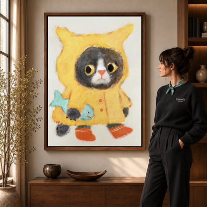 Walnut framed raincoat cat canvas art with the complete artwork displayed in a warm living room.