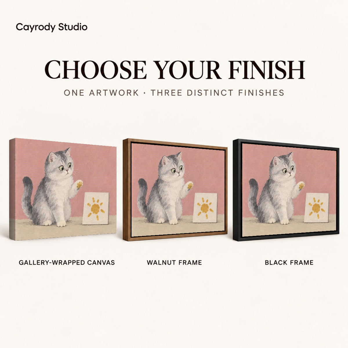 Artist Cat Canvas Art shown in gallery wrapped canvas, walnut frame, and black frame finishes.