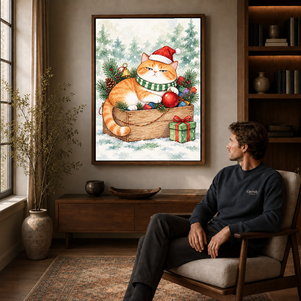 Christmas Cat Canvas Art displayed in a walnut frame above wooden furniture beside a seated man.