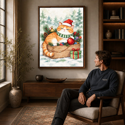 Christmas Cat Canvas Art displayed in a walnut frame above wooden furniture beside a seated man.