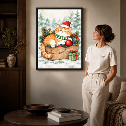 Christmas Cat Canvas Art inside a black frame in a softly lit living room with books.