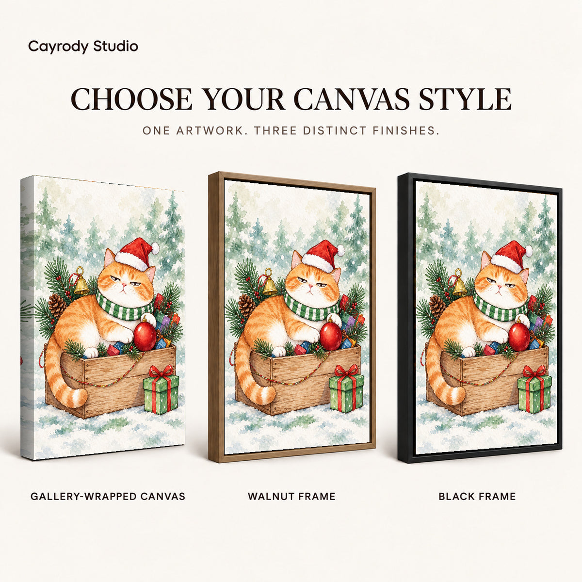Christmas Cat Canvas Art shown in gallery wrapped canvas, walnut frame, and black frame finishes.