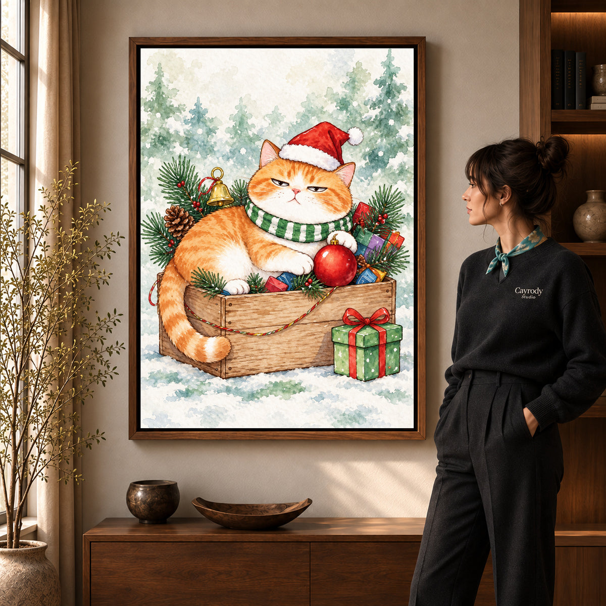 Walnut framed christmas cat canvas art with the complete artwork displayed in a warm living room.