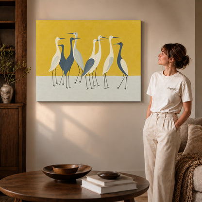 Heron Canvas Wall Art on gallery wrapped canvas with visible depth beside a woman in white.