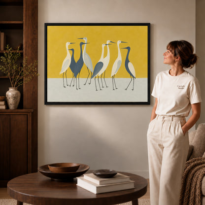 Heron Canvas Wall Art inside a black frame in a softly lit living room with books.