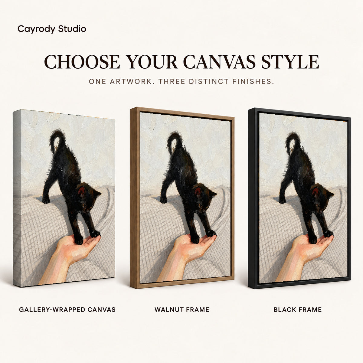 Black Kitten Canvas Art shown in gallery wrapped canvas, walnut frame, and black frame finishes.