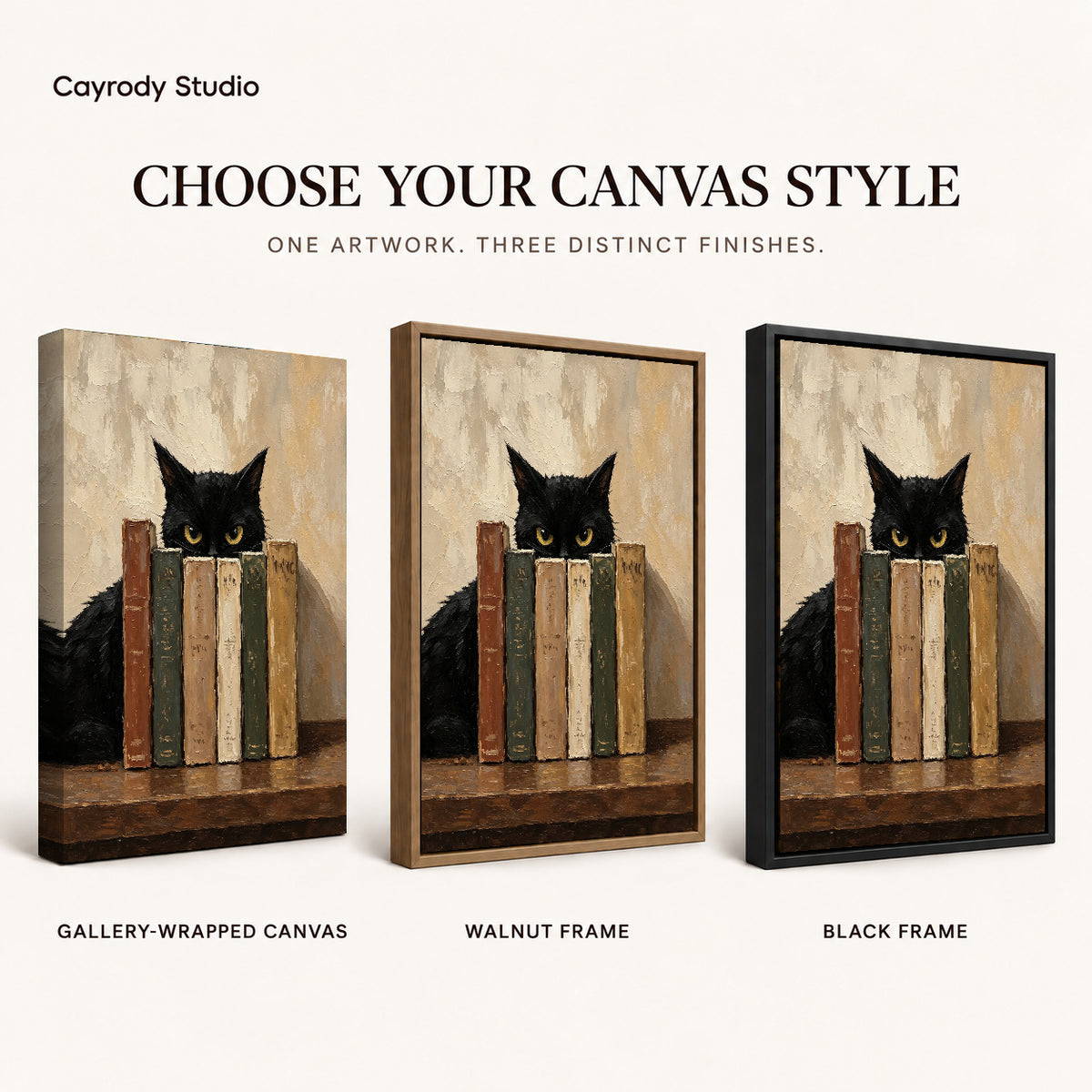 Bookish Cat Canvas Art shown in gallery wrapped canvas, walnut frame, and black frame finishes.