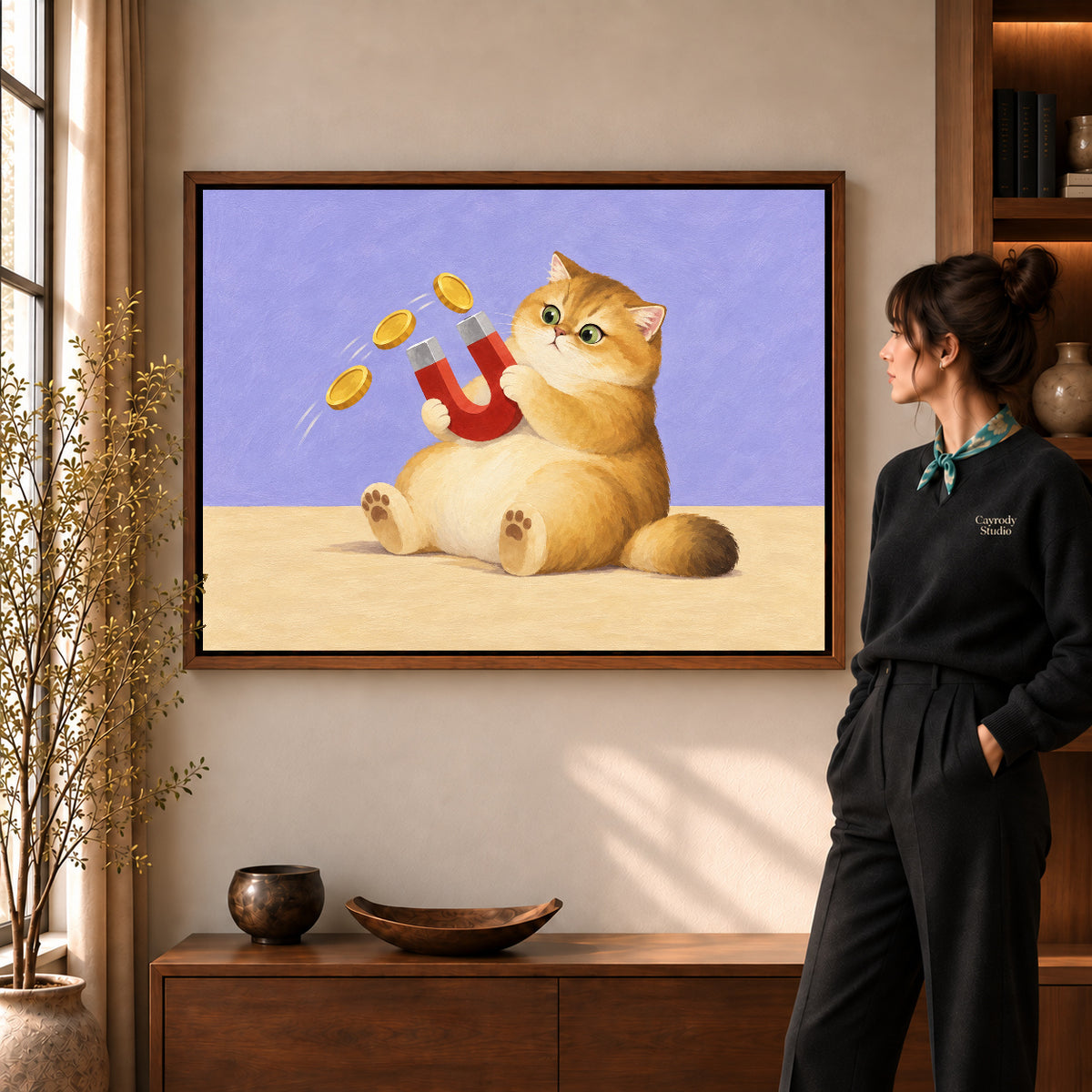 Golden Cat Canvas Art in a walnut frame beside a standing woman and warm wooden furniture.