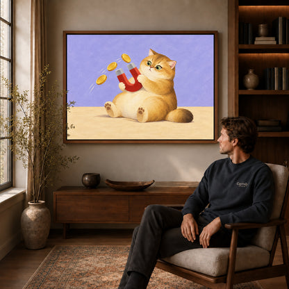 Golden Cat Canvas Art displayed in a walnut frame above wooden furniture beside a seated man.
