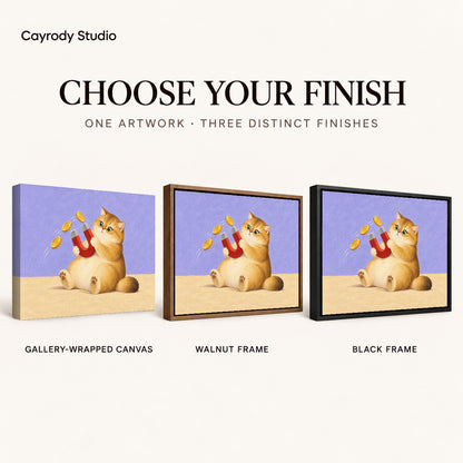 Golden Cat Canvas Art shown in gallery wrapped canvas, walnut frame, and black frame finishes.