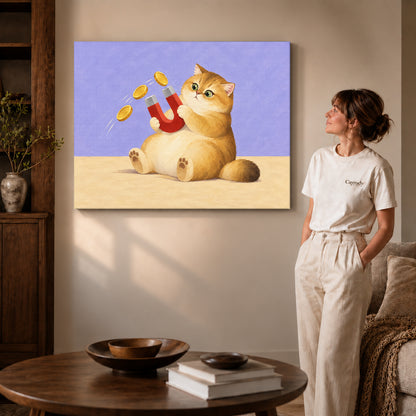 Gallery wrapped golden cat canvas art showing dimensional edges and soft shadows in a living room.