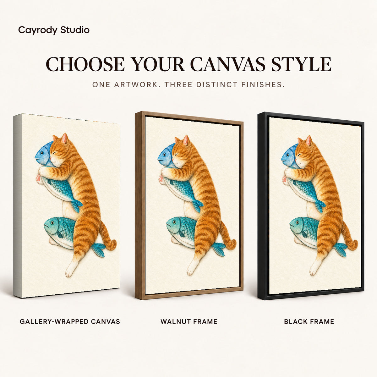 Orange Cat Canvas Art shown in gallery wrapped canvas, walnut frame, and black frame finishes.