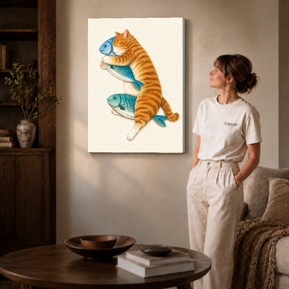 Gallery wrapped orange cat canvas art showing dimensional edges and soft shadows in a living room.