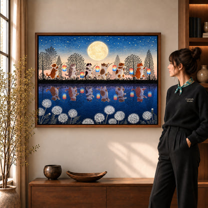 Walnut framed lantern cat canvas art with the complete artwork displayed in a warm living room.