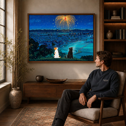 Night Cat Canvas Art displayed in a walnut frame above wooden furniture beside a seated man.