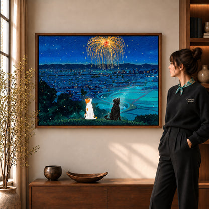 Walnut framed night cat canvas art with the complete artwork displayed in a warm living room.