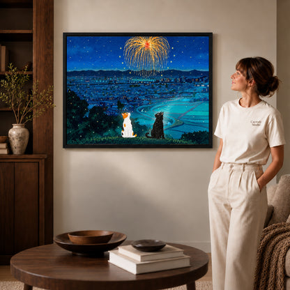 Black framed night cat canvas art displayed beside a woman with natural light across the wall.