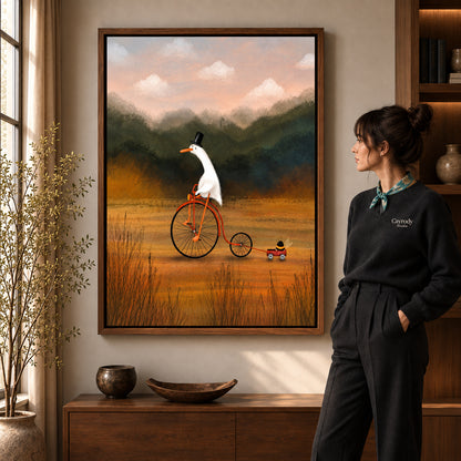 Goose Canvas Wall Art in a walnut frame beside a standing woman and warm wooden furniture.