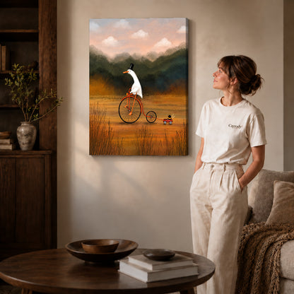 Goose Canvas Wall Art on gallery wrapped canvas with visible depth beside a woman in white.