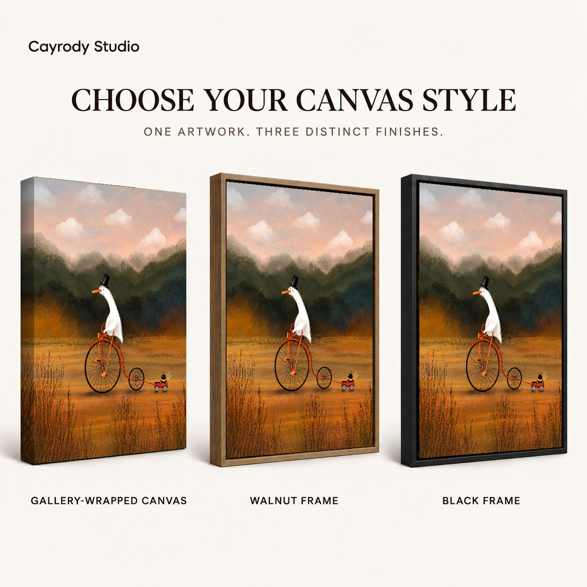 Goose Canvas Wall Art shown in gallery wrapped canvas, walnut frame, and black frame finishes.