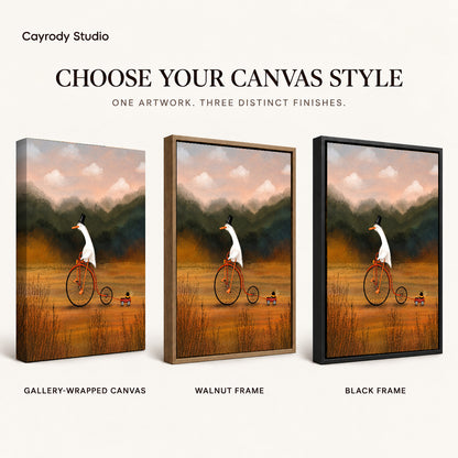 Goose Canvas Wall Art shown in gallery wrapped canvas, walnut frame, and black frame finishes.