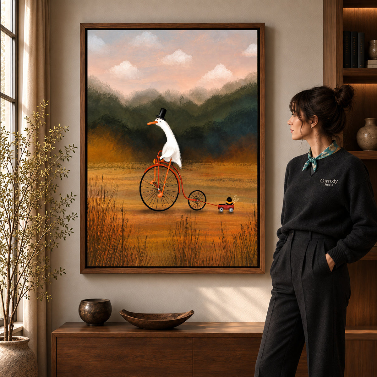 Walnut framed goose canvas wall art with the complete artwork displayed in a warm living room.