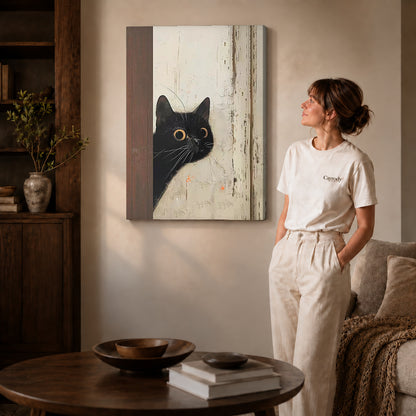 Black Cat Canvas Art on gallery wrapped canvas with visible depth beside a woman in white.