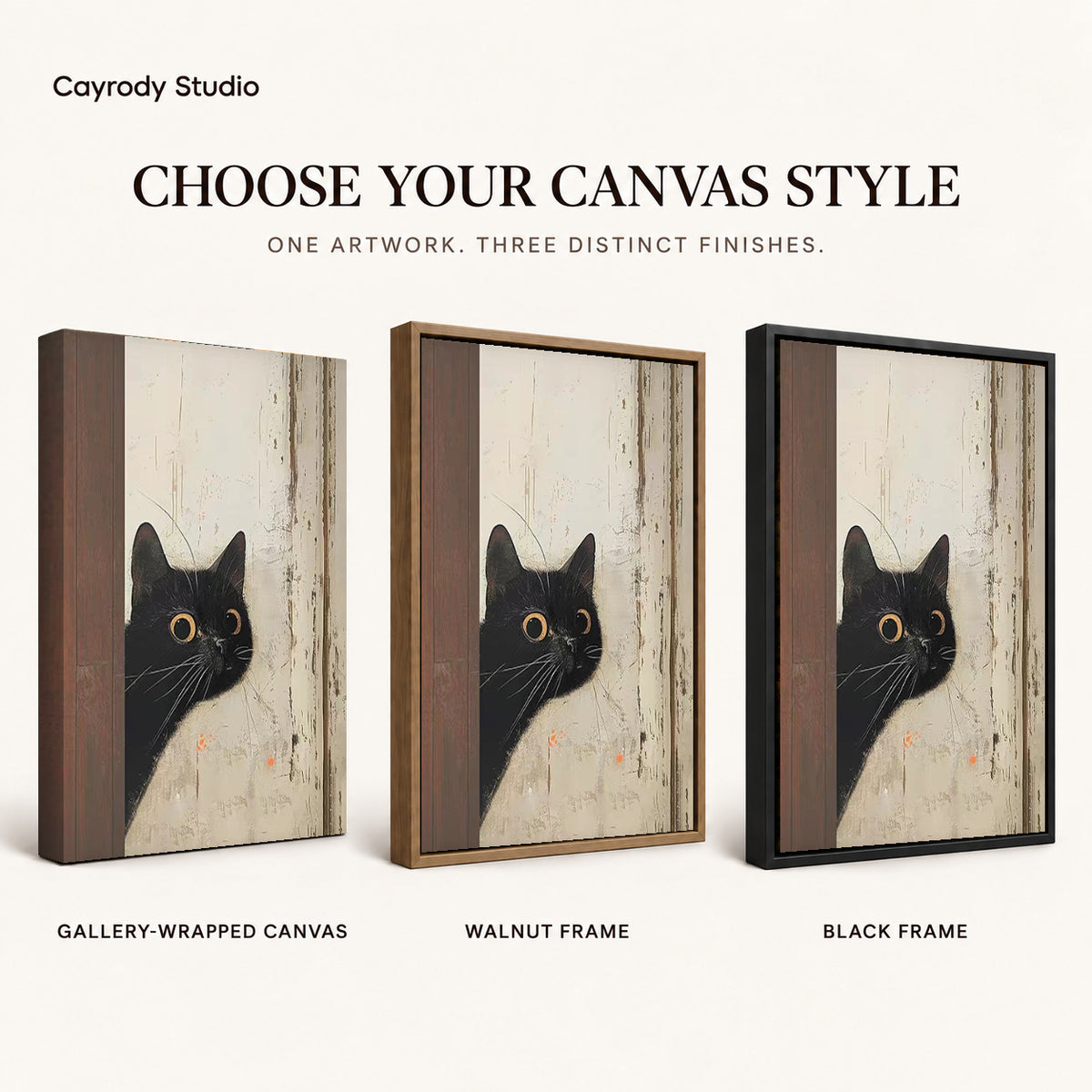 Black Cat Canvas Art shown in gallery wrapped canvas, walnut frame, and black frame finishes.