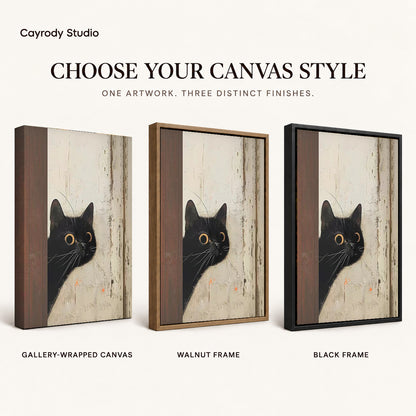 Black Cat Canvas Art shown in gallery wrapped canvas, walnut frame, and black frame finishes.