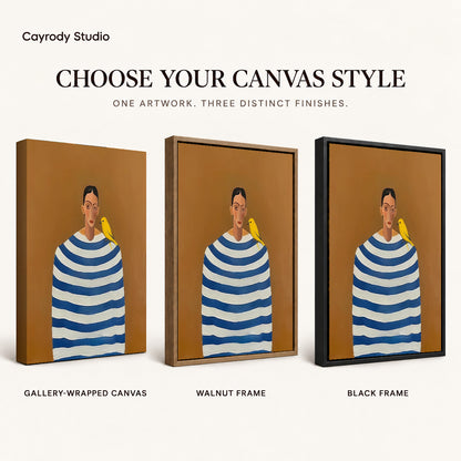 Canary Canvas Wall Art shown in gallery wrapped canvas, walnut frame, and black frame finishes.