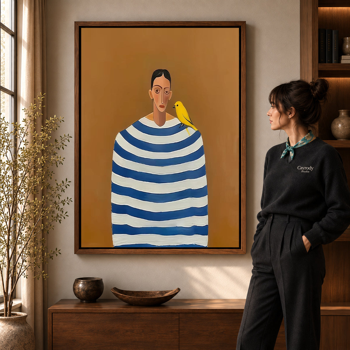 Walnut framed canary canvas wall art with the complete artwork displayed in a warm living room.