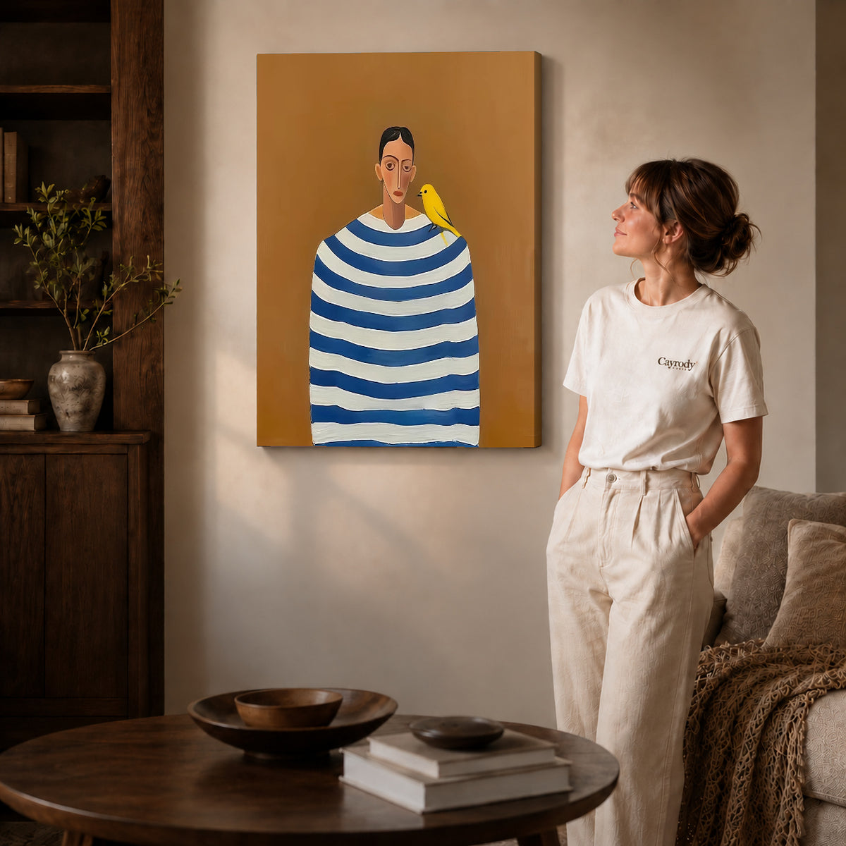 Gallery wrapped canary canvas wall art showing dimensional edges and soft shadows in a living room.