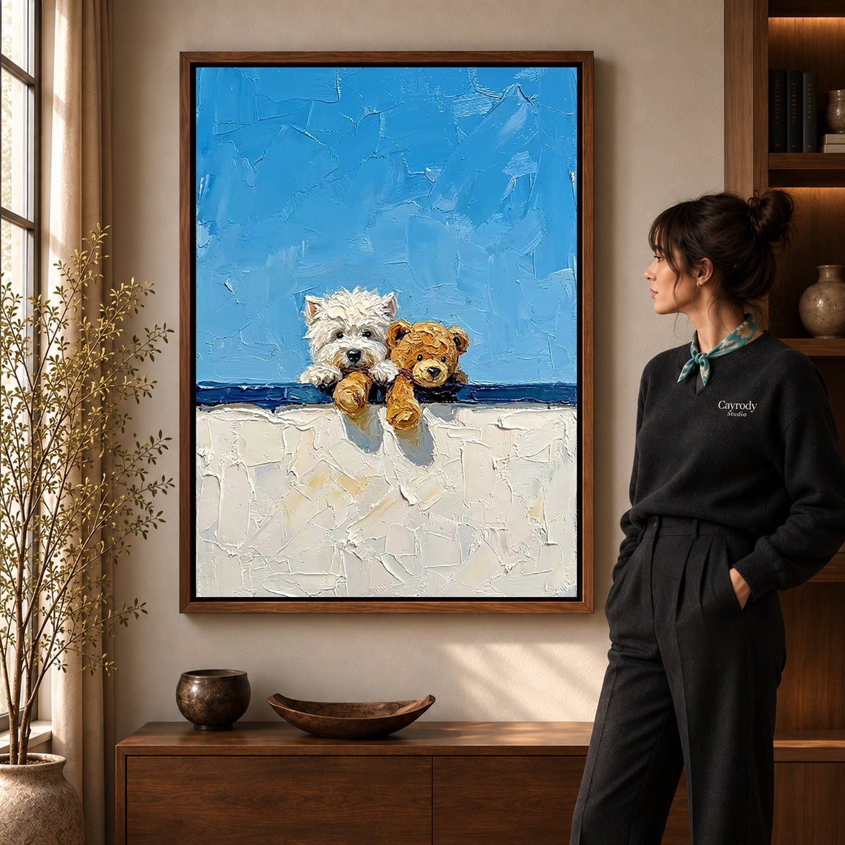 Westie Teddy Canvas Art in a walnut frame beside a standing woman and warm wooden furniture.