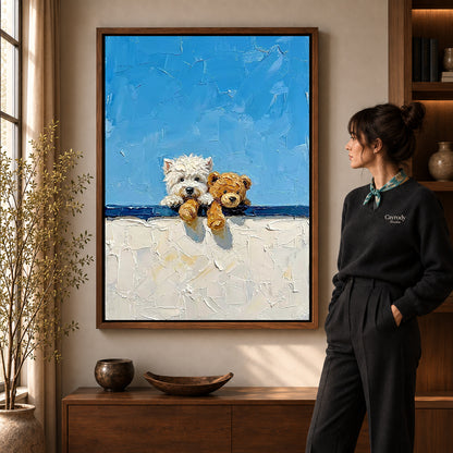 Westie Teddy Canvas Art in a walnut frame beside a standing woman and warm wooden furniture.