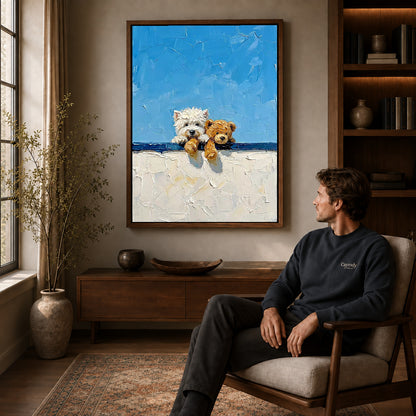 Westie Teddy Canvas Art displayed in a walnut frame above wooden furniture beside a seated man.