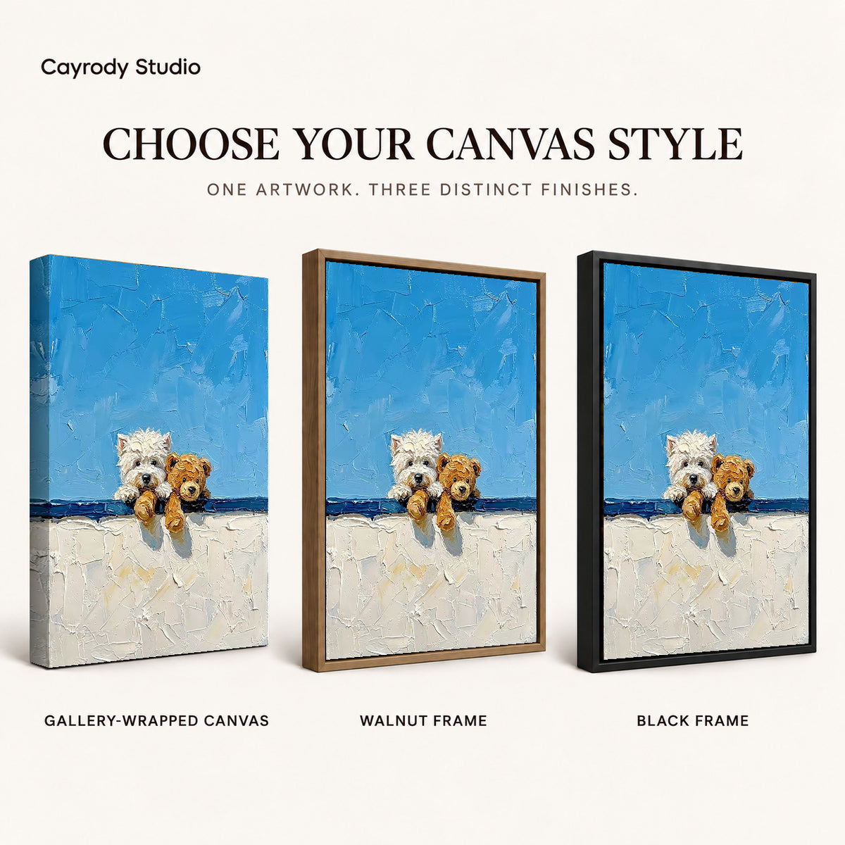 Westie Teddy Canvas Art shown in gallery wrapped canvas, walnut frame, and black frame finishes.