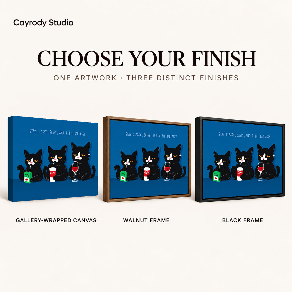 Sassy Cat Trio Canvas Art shown in gallery wrapped canvas, walnut frame, and black frame finishes.