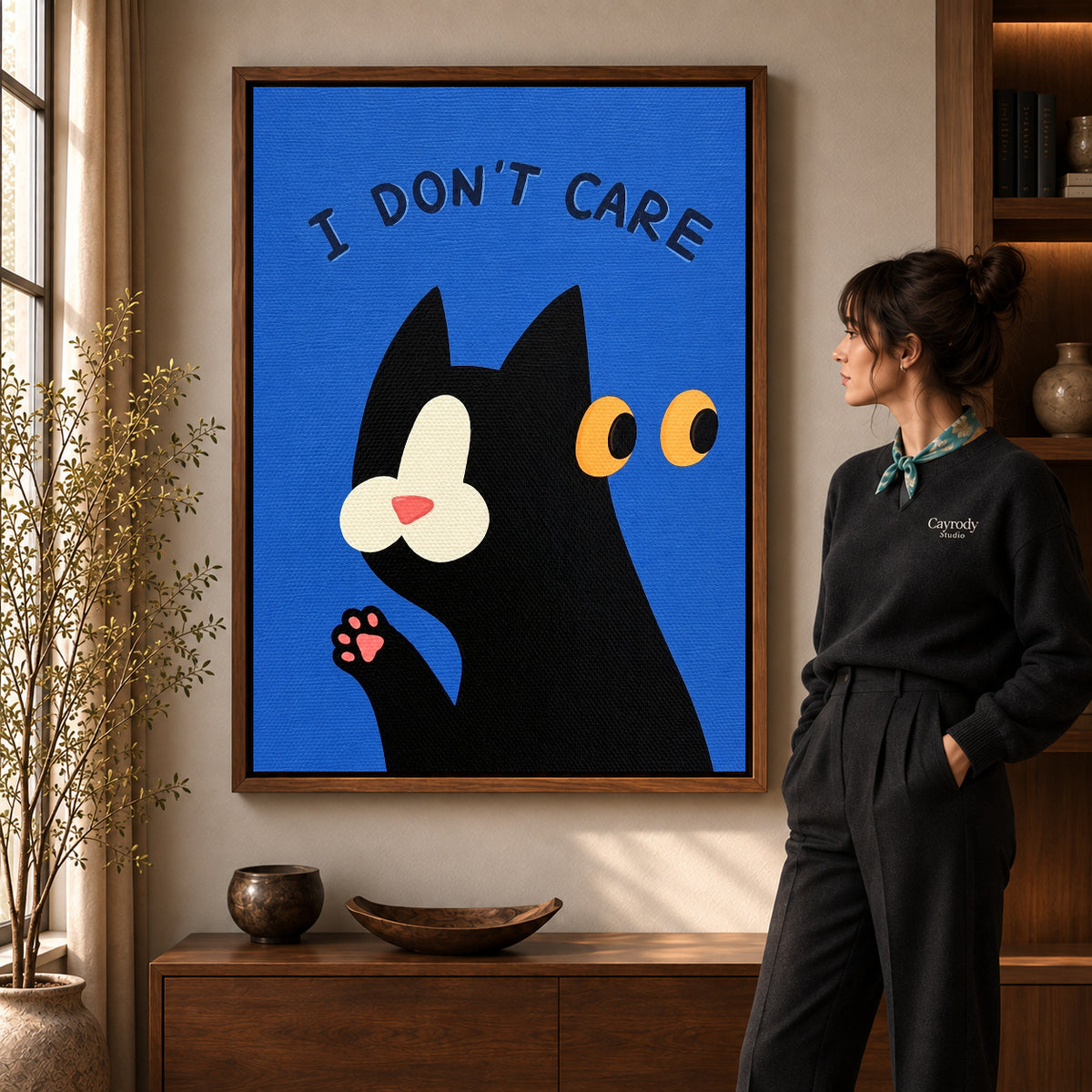 Unbothered Cat Canvas Art in a walnut frame beside a standing woman and warm wooden furniture.