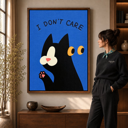 Unbothered Cat Canvas Art in a walnut frame beside a standing woman and warm wooden furniture.