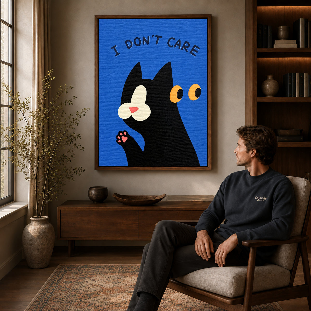Unbothered Cat Canvas Art displayed in a walnut frame above wooden furniture beside a seated man.